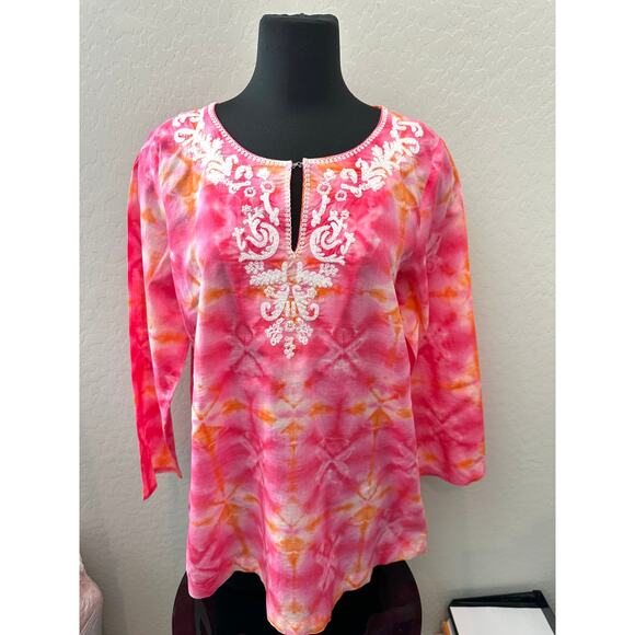 J. JILL Tunic Top Tie Dye Cotton Embroidered Boho Peasant Blouse | Petite Medium - Picture 2 of 8
